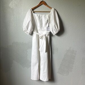 Premier Amour Chic White Midi Dress with Puff Sleeves Size 4